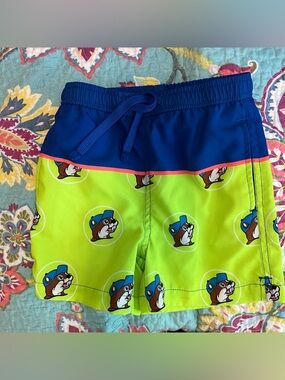 Kids Blue and Lime Green Buc-ee’s Swim Shorts 4T